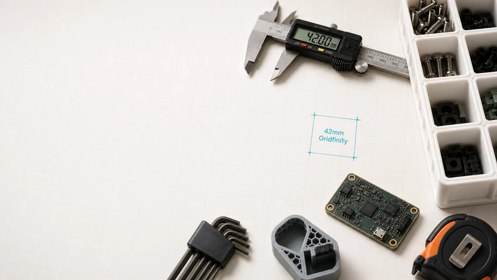 Digital calipers reading 42.00 mm beside printed Gridfinity bins